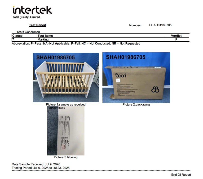 Intertek test report sample verification showing flat-pack packaging and compliance labeling. Intertek test report sample verification showing flat-pack packaging and compliance labeling.